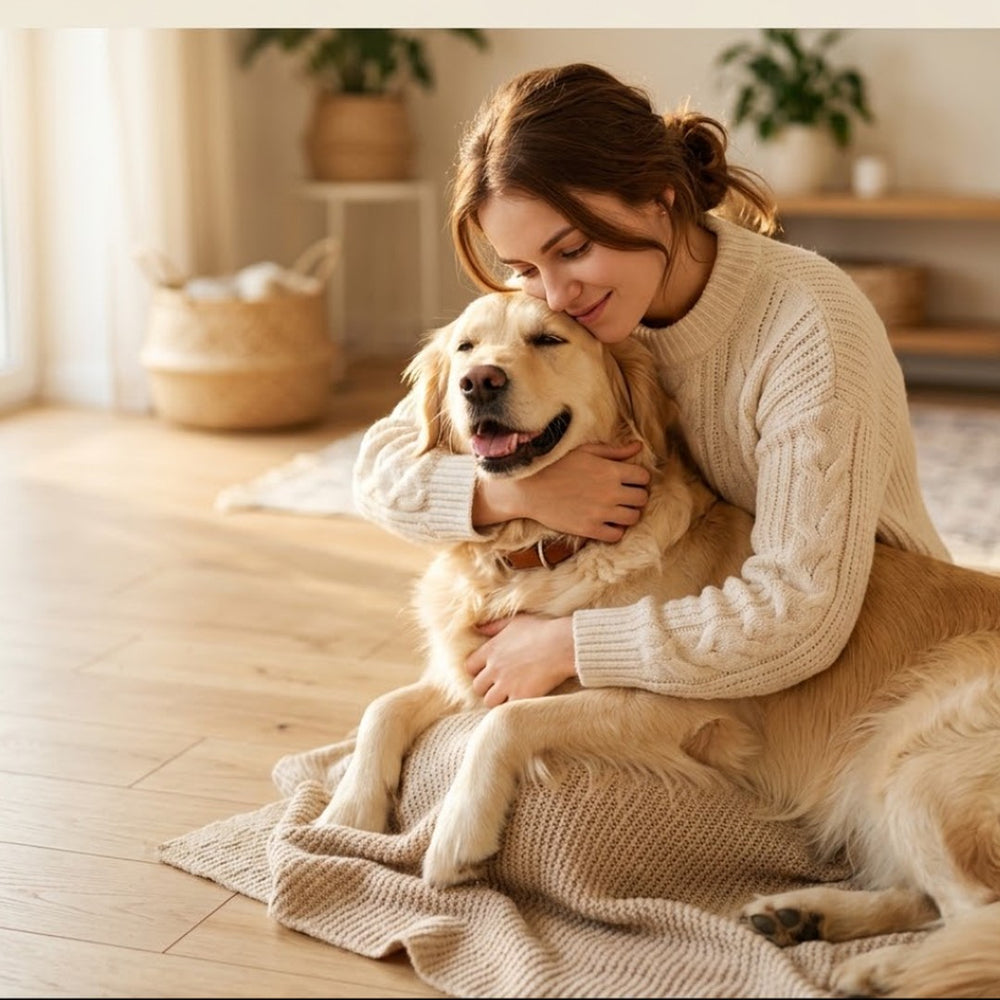 Frau umarmt ihren Golden Retriever